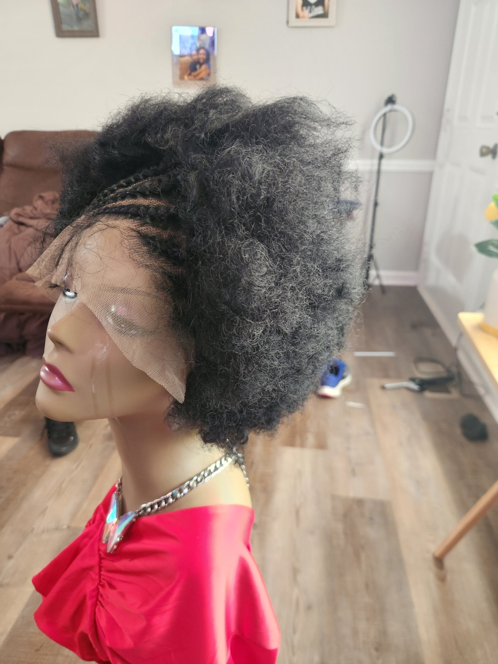 Natural Texture Black Lace Front Wig with Cornrow Base